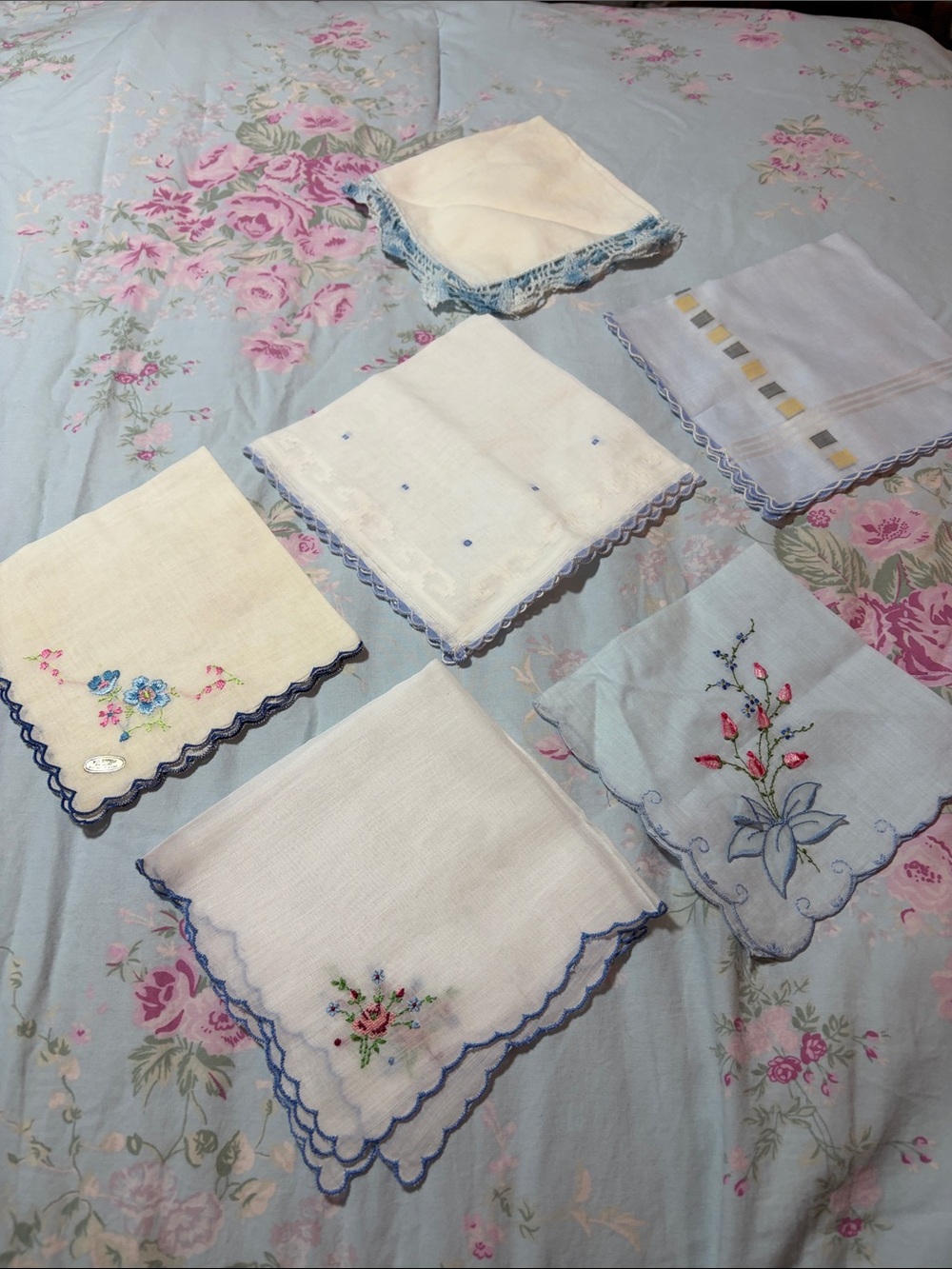 Vintage Floral Embroidered Cotton Handkerchiefs - Blue Trim